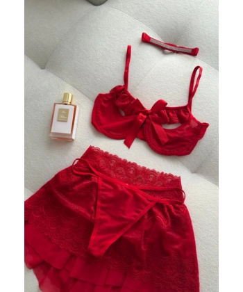 Yılbaşı Hediyesi Stella Dantel Detaylı Kırmızı Etekli Bralet Set