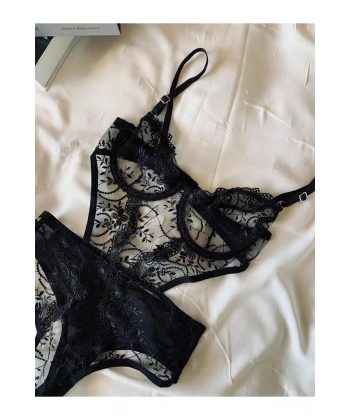 Yılbaşı Hediyesi Siyah Dantelli Brode Balenli Kapsız Transparan Bodysuit