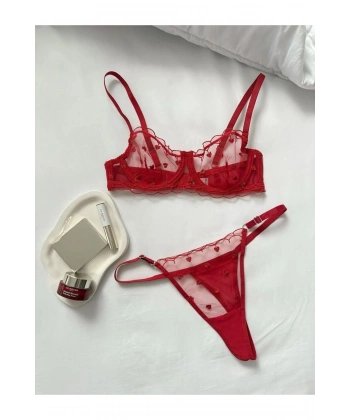 Yılbaşı Hediyesi Kadın Kırmızı Minik Kalpli Tül Tanga Sütyen İç Giyim