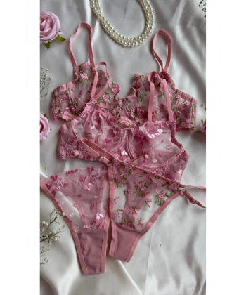 Çeyiz Seti Pembe Balenli Kapsız Tül Sütyen Takımı
