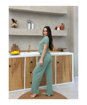 Saf %100 Pamuk Mint Yeşili Kısa Kol Kadın Pijama Takımı