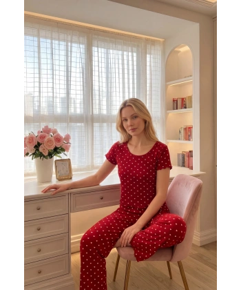 Kadın Kalp Desenli Pamuk Ultra Rahat Kırmızı Pijama Takımı