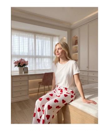 Kadın Kalp Desenli Pamuklu Rahat Pijama Altı
