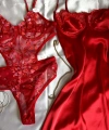 Limited Edition Kırmızı Transparan Body & Saten Dantel Kırmızı Gecelik Seti