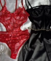 Limited Edition Kırmızı Transparan Body & Saten Dantel Siyah Gecelik Seti