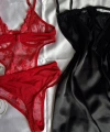 Limited Edition Kırmızı Transparan Body & Saten Dantel Siyah Gecelik Seti