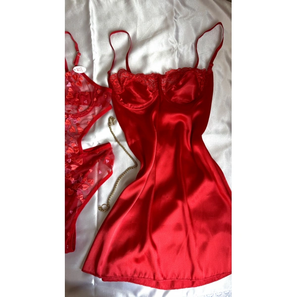 Limited Edition Kırmızı Transparan Body & Saten Dantel Kırmızı Gecelik Seti