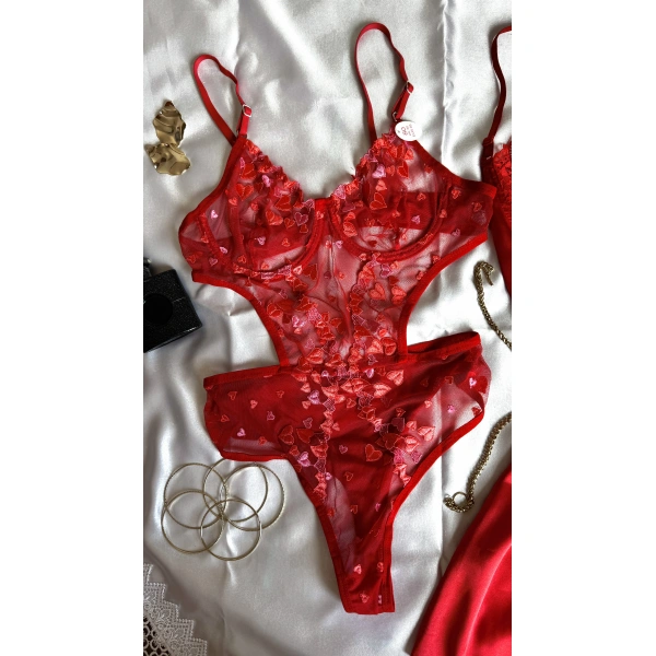 Limited Edition Kırmızı Transparan Body & Saten Dantel Kırmızı Gecelik Seti
