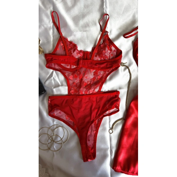 Limited Edition Kırmızı Transparan Body & Saten Dantel Kırmızı Gecelik Seti