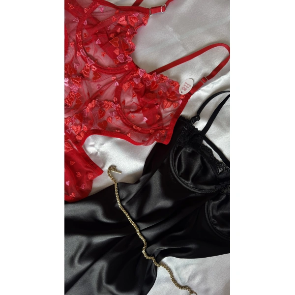 Limited Edition Kırmızı Transparan Body & Saten Dantel Siyah Gecelik Seti