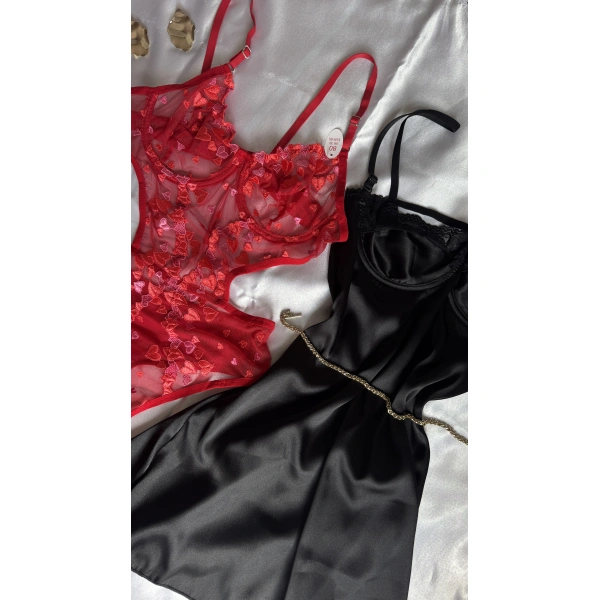 Limited Edition Kırmızı Transparan Body & Saten Dantel Siyah Gecelik Seti