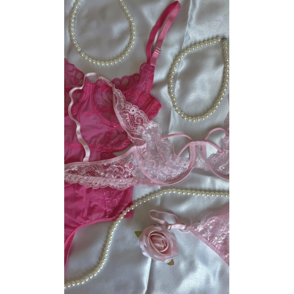 Pembe ve Fuşya Dantel Detaylı Transparan Sütyen & Tanga Seti