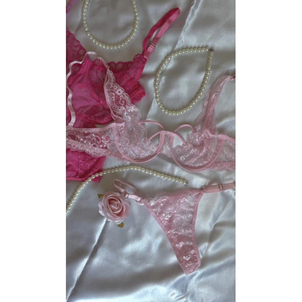 Pembe ve Fuşya Dantel Detaylı Transparan Sütyen & Tanga Seti