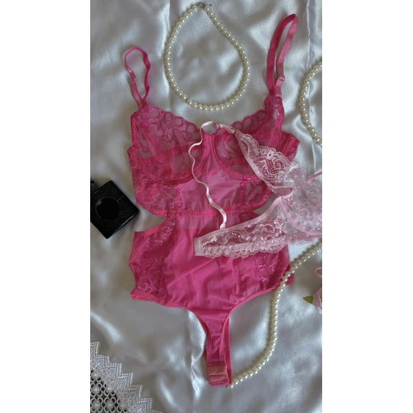 Pembe ve Fuşya Dantel Detaylı Transparan Sütyen & Tanga Seti