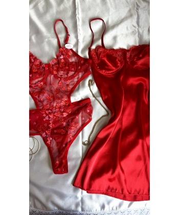 Limited Edition Kırmızı Transparan Body & Saten Dantel Kırmızı Gecelik Seti