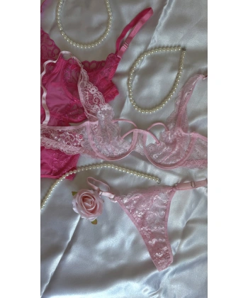Pembe ve Fuşya Dantel Detaylı Transparan Sütyen & Tanga Seti