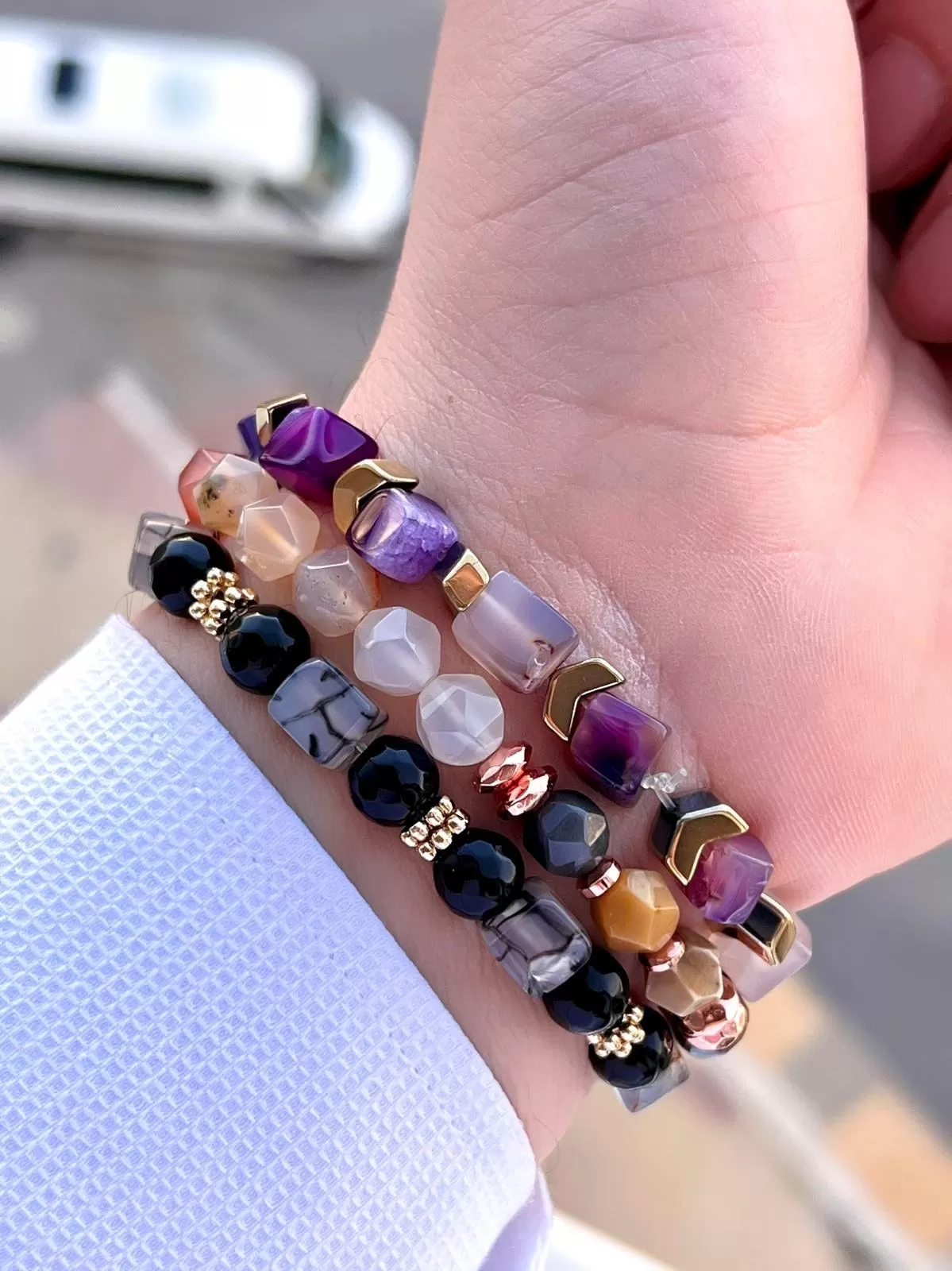 3.Lü Doğal Taş Unisex Azurit,Hematit,Kristal Kuvars Taşı Doğaltaş Bileklik MDL175100174