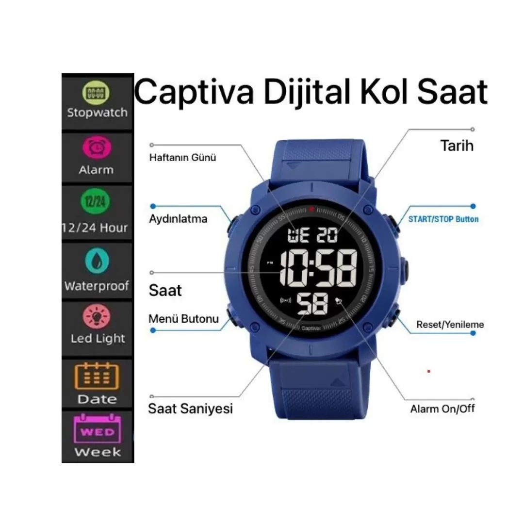 Captiva 30 mt Suya Dayanıklı Digital Alarm-Kronometre-Led Işık Spor Kasa Çoçuk Kol Saati CPT.X005