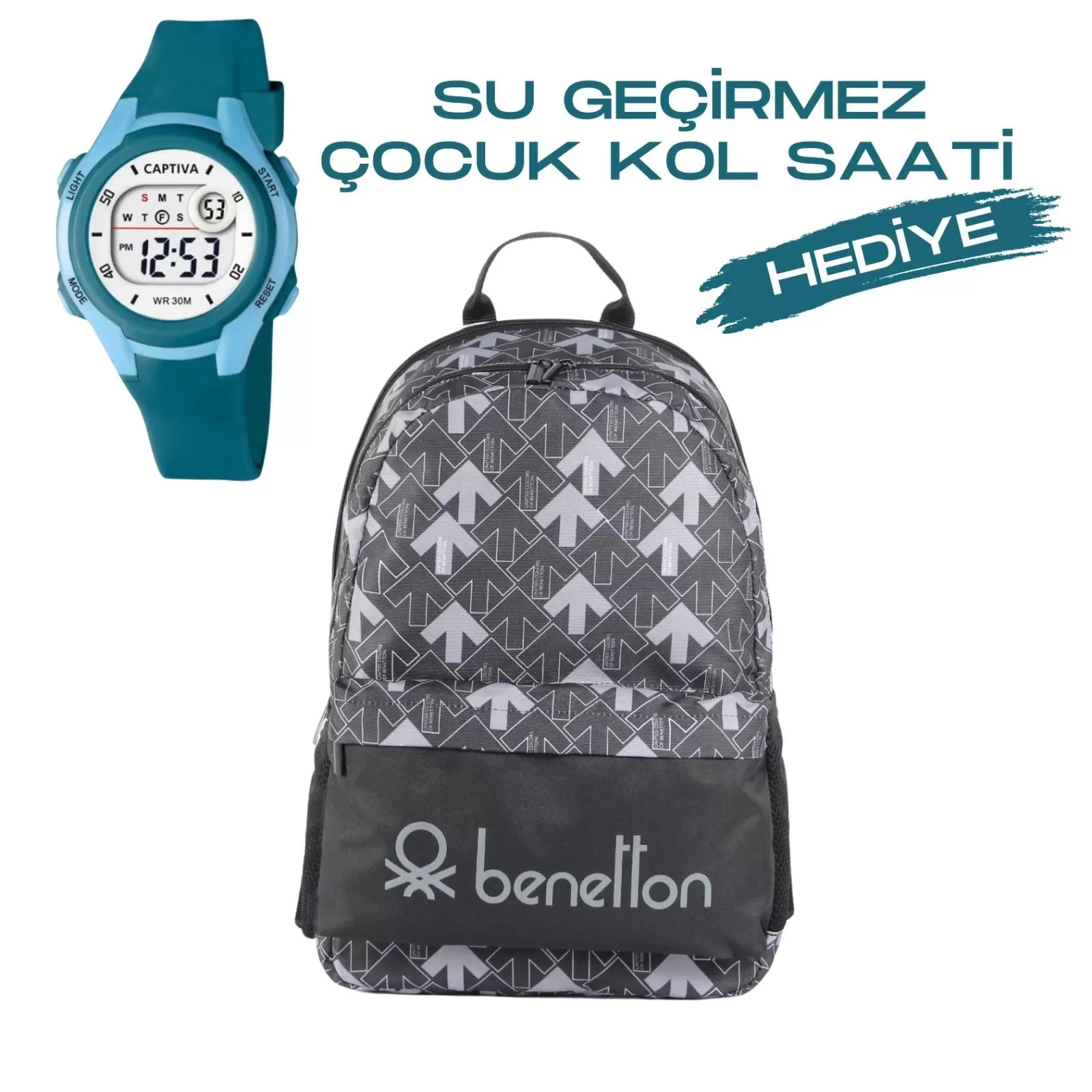 Çocuk Kol Saati Hediyeli Benetton Büyük Kapasiteli Çocuk Okul Çantası B.NT.037038