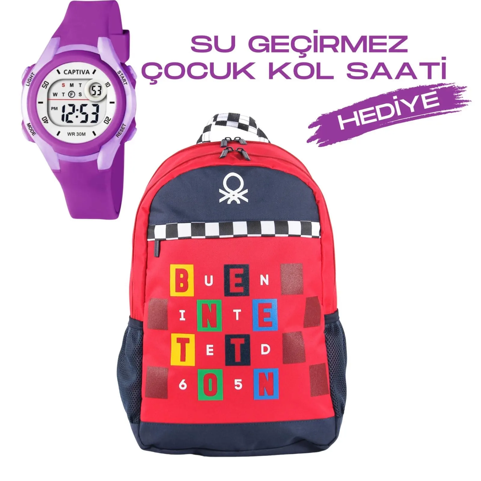 Çocuk Kol Saati Hediyeli Benetton Büyük Kapasiteli Çocuk Okul Çantası B.NT.03766
