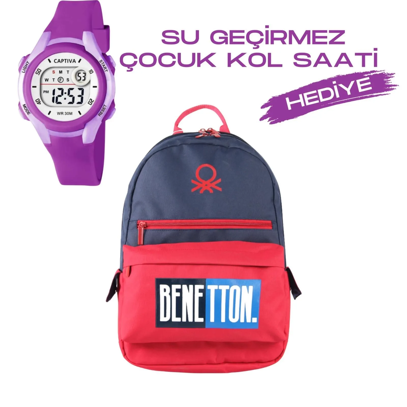 Çocuk Kol Saati Hediyeli Benetton Büyük Kapasiteli Çocuk Okul Çantası B.NT.03790