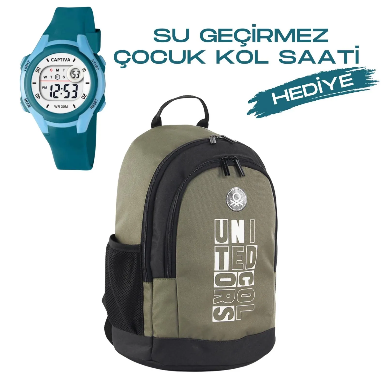 Çocuk Kol Saati Hediyeli Benetton Büyük Kapasiteli Çocuk Okul Çantası B.NT.04292