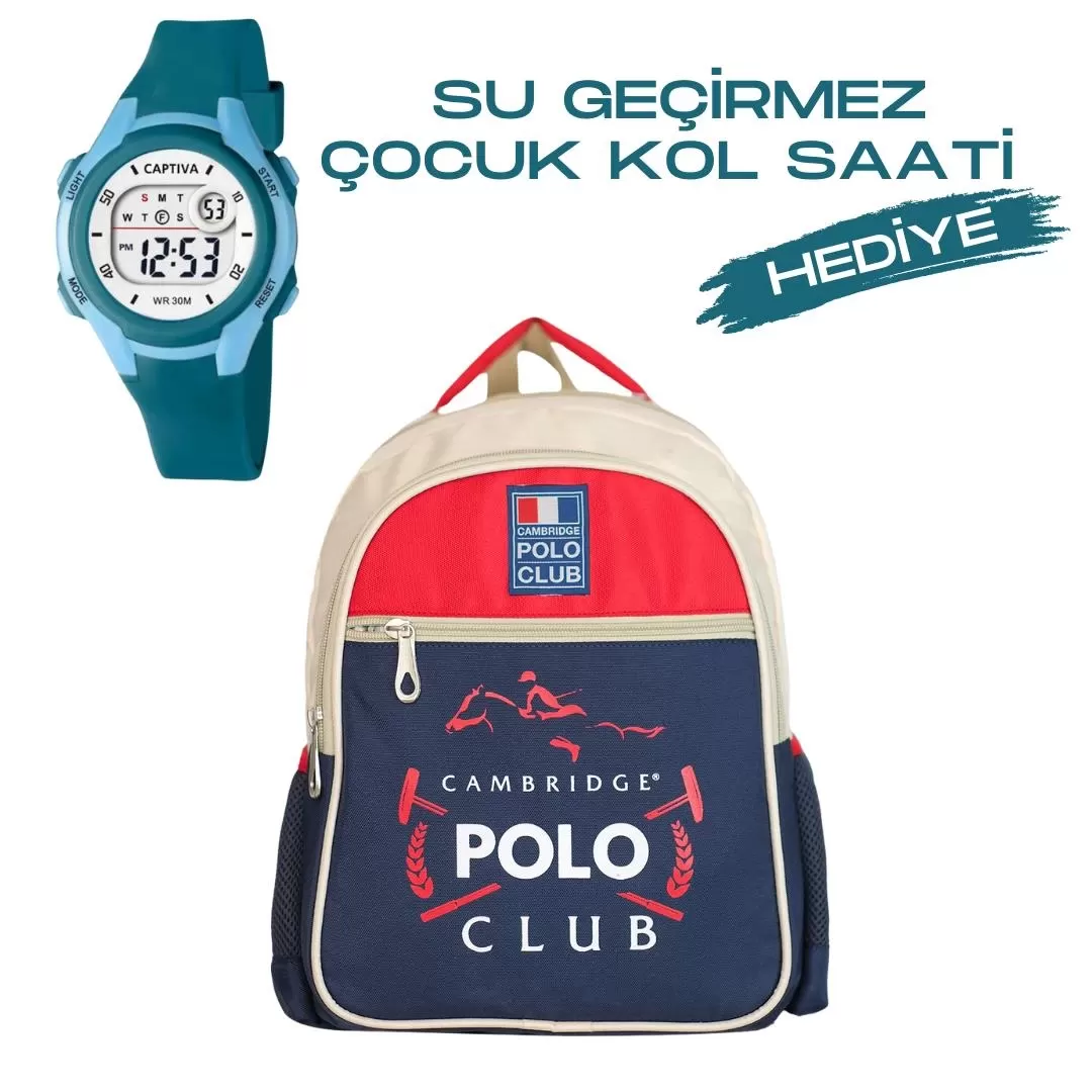 Çocuk Kol Saati Hediyeli Cambridge Polo Club Büyük Kapasiteli Çocuk Okul Çantası CPC.C3014