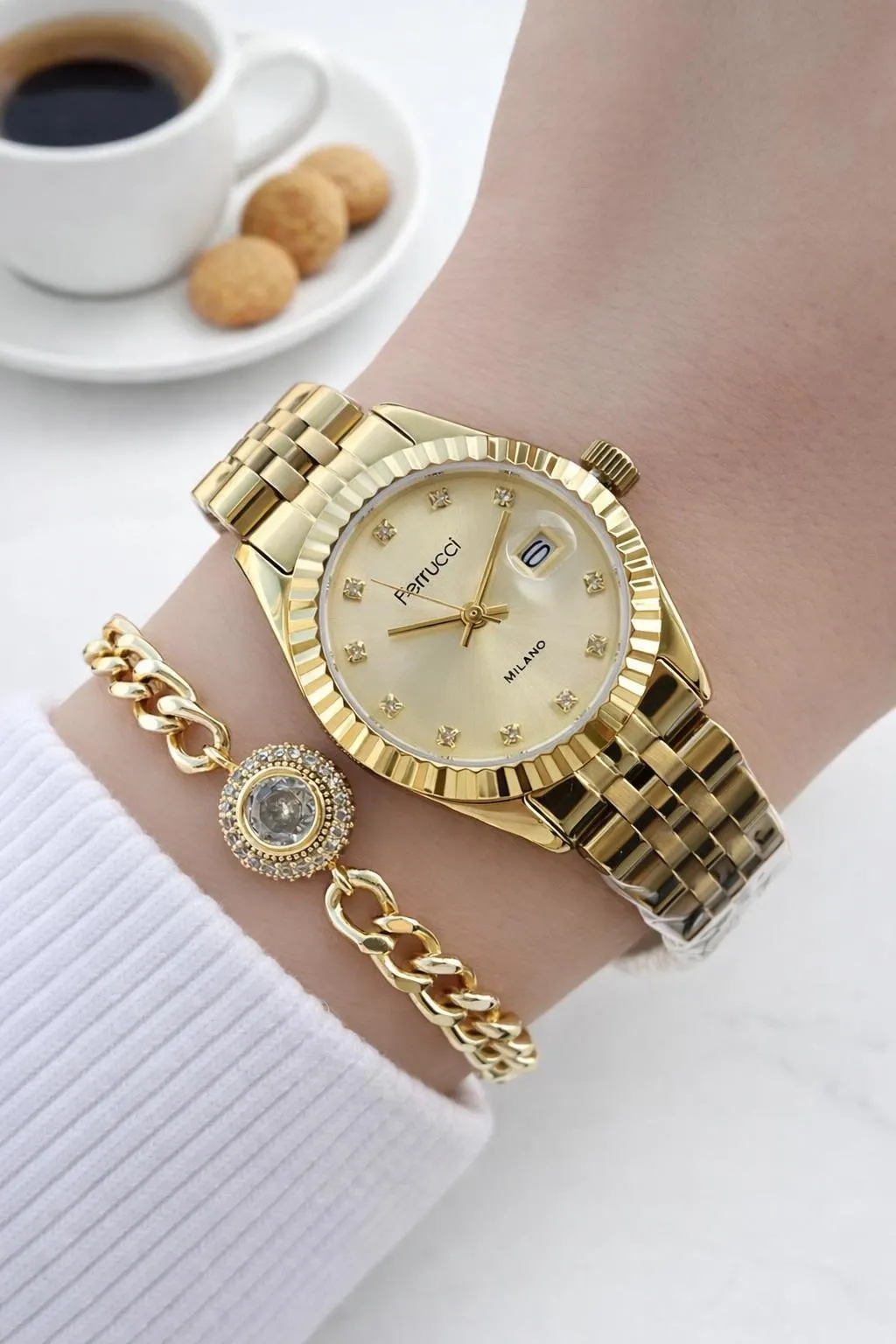 Ferrucci Çelik Kordon 2 Yıl Garantili 3 Atm Suya Dayanıklı Kadın Kol Saati+Bileklik F.EM03591.6