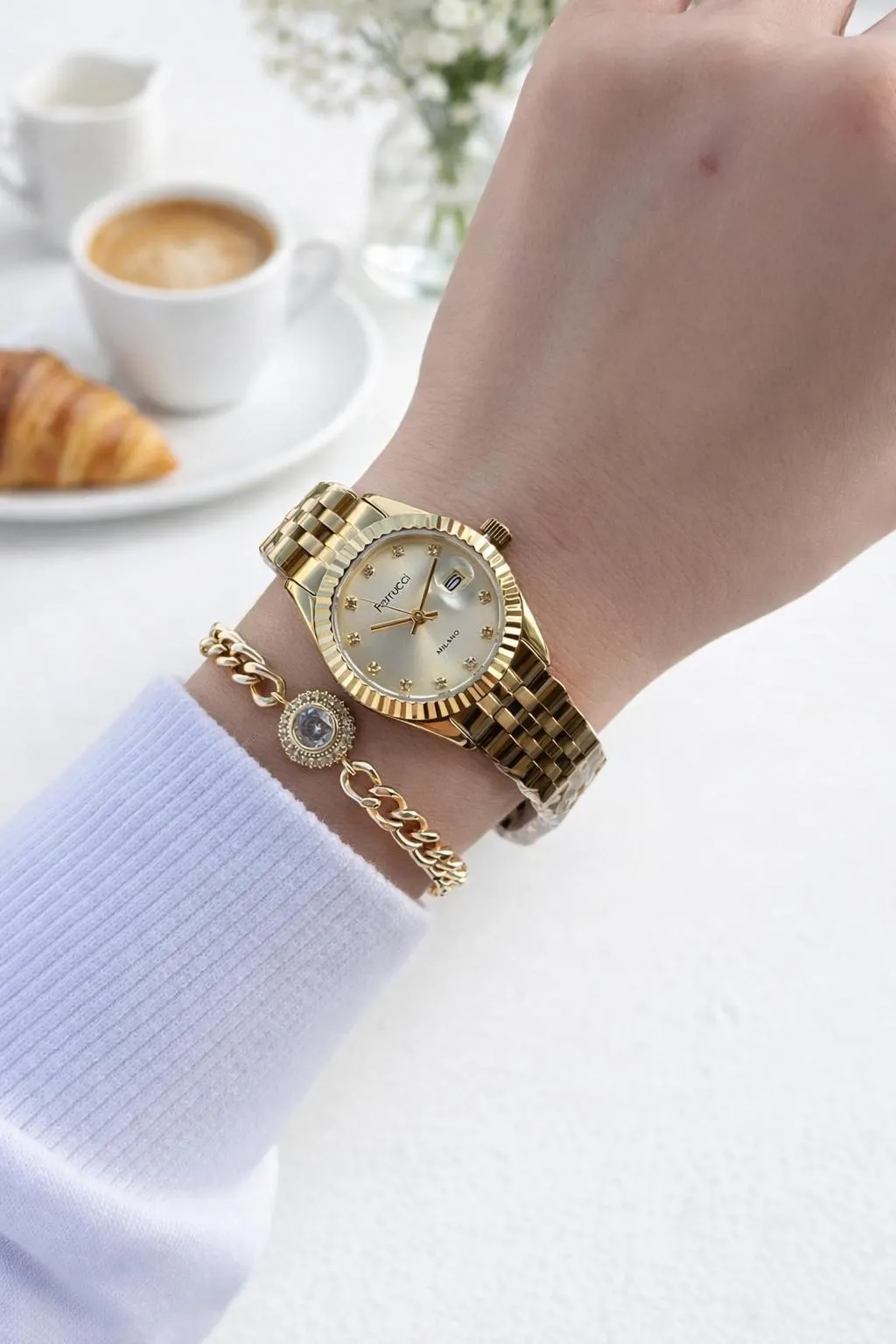 Ferrucci Çelik Kordon 2 Yıl Garantili 3 Atm Suya Dayanıklı Kadın Kol Saati+Bileklik F.EM03591.6