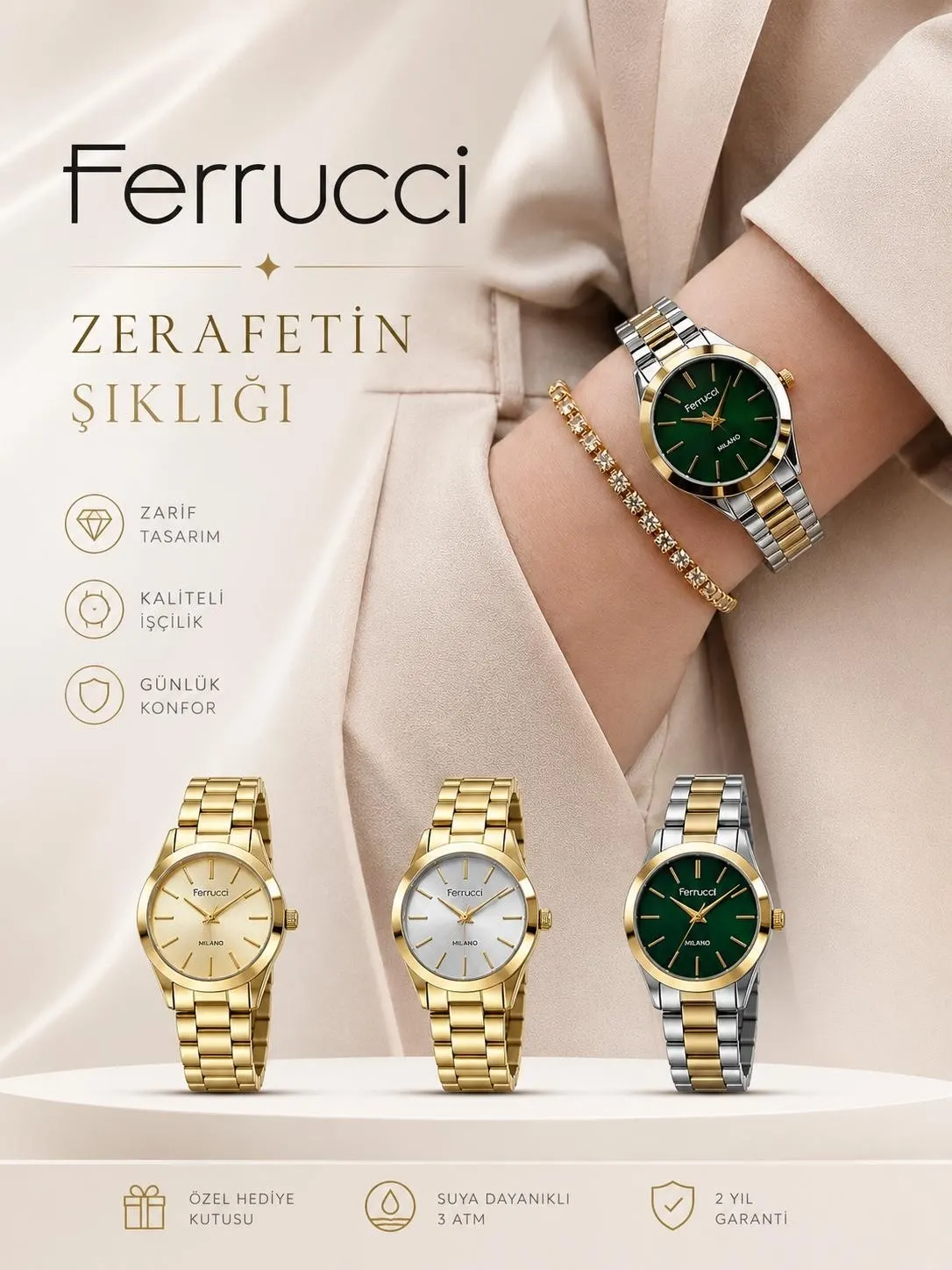 Ferrucci Çelik Kordon 2 Yıl Garantili 30 Mt Suya Dayanıklı Kadın Kol Saati+ BİLEKLİK 1301607.3