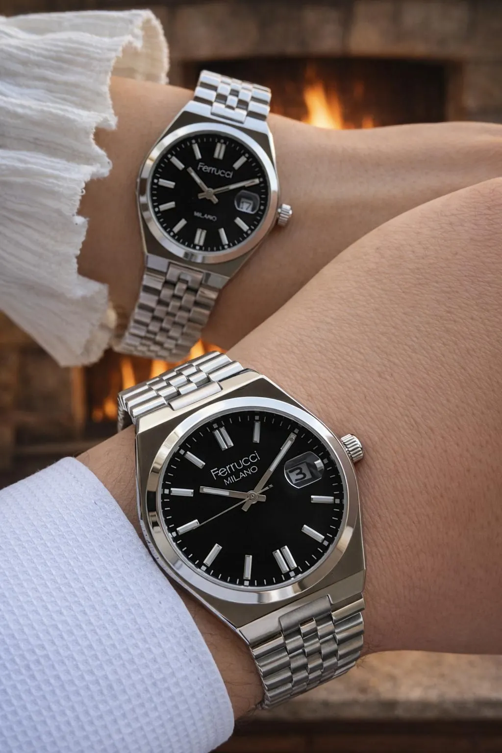 Ferrucci Çift Sevgili Saati Çelik Kordon 3 Atm Suya Dayanıklı Kol Saati VS.BLKT.0830
