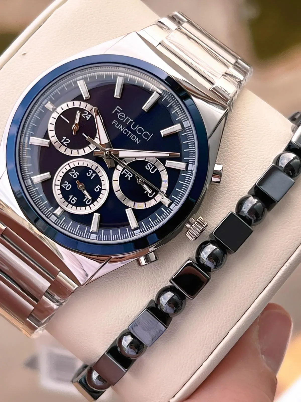 Ferrucci İç Fonksiyonları Aktif 30mt Suya Dayanıklı Çelik Kordon + Bİleklik Hediyeli Erkek Kol Saati VS.BLKT.0751