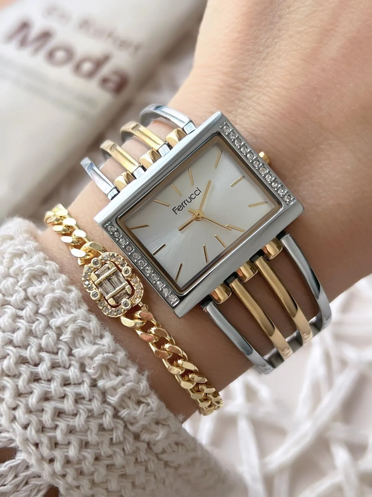 Ferrucci Kadın Kol Saati+Bileklik Özel Seri Çelik Kordon Kararma Renk Atma Yapmaz VS.BLKT.0746