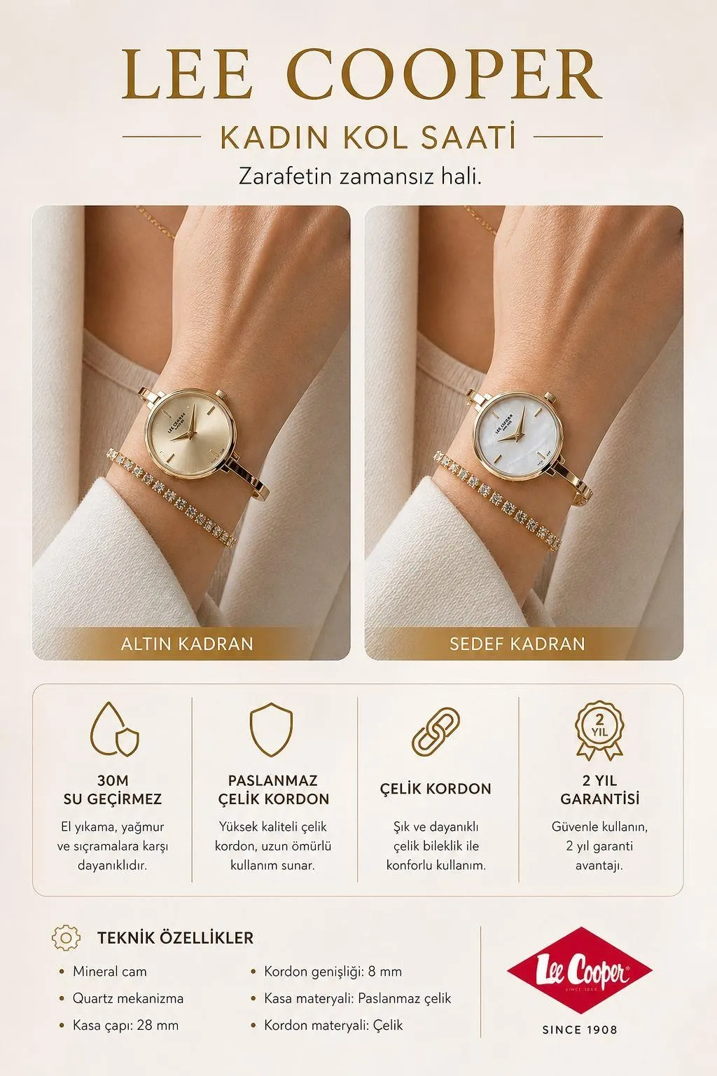 Lee Cooper Çelik Kordonlu 3 Atm Suya Dayanıklı + Bileklik Hediyeli Kadın Kol Saati VS.BLKT.0988