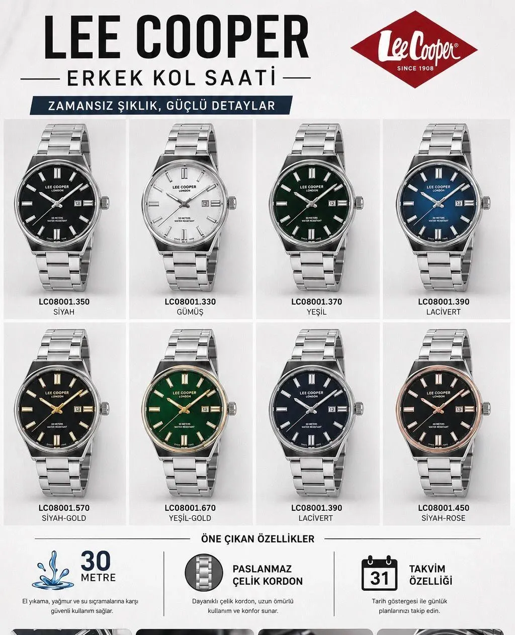 Lee Cooper Erkek Kol Saati 50 Mt Suya Dayanıklı Çelik Kordon Bileklik Hediyeli VS.BLKT.1034