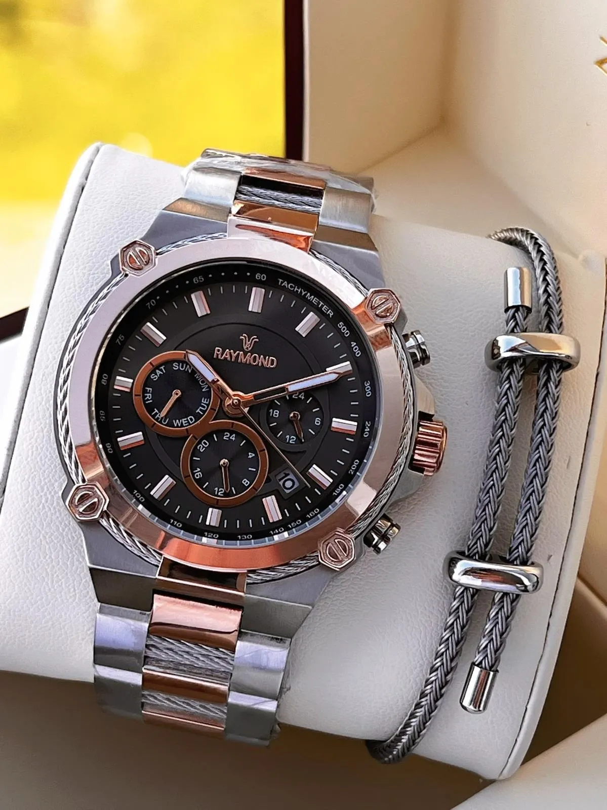 Raymond Nişan Ve Damatlara Özel Çelik Kordon 2 Yıl Garantili 5 Atm Erkek Kol Saati+Bileklik RMD.22
