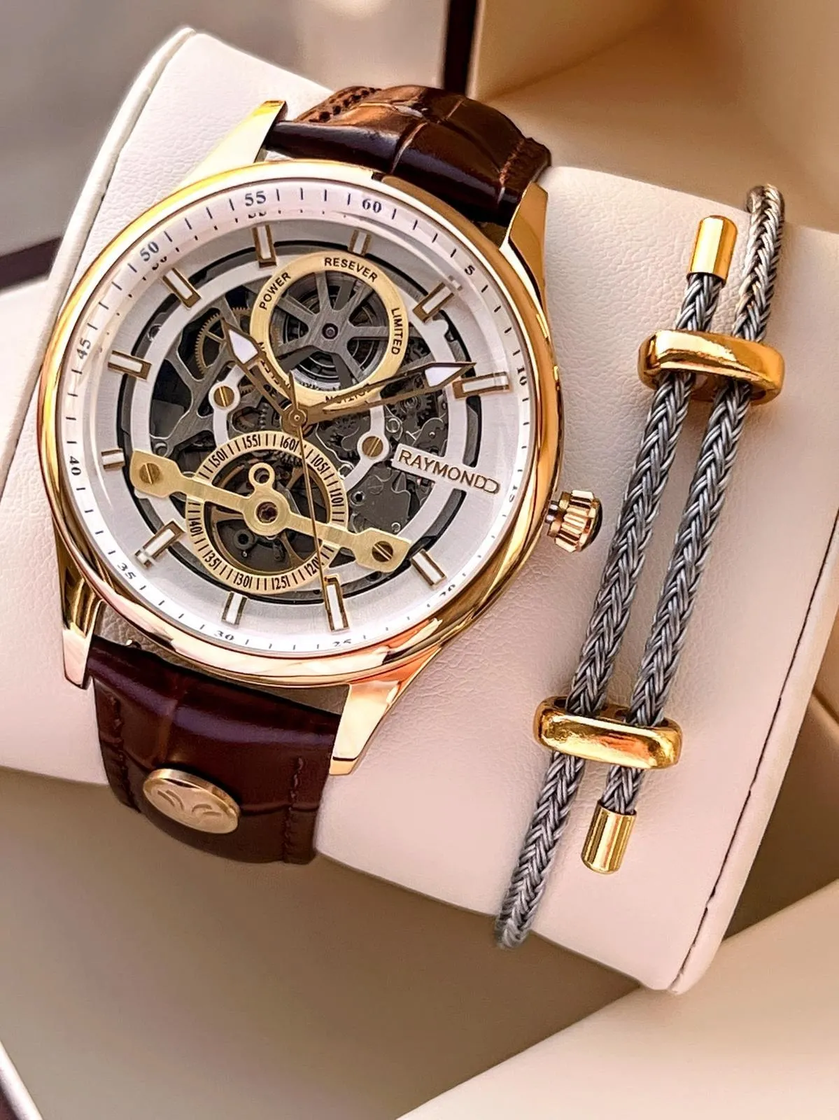 Raymond Nişan Ve Damatlara Özel Deri Kordon 2 Yıl Garantili Otomatik Erkek Kol Saati+Bileklik RMD.M9