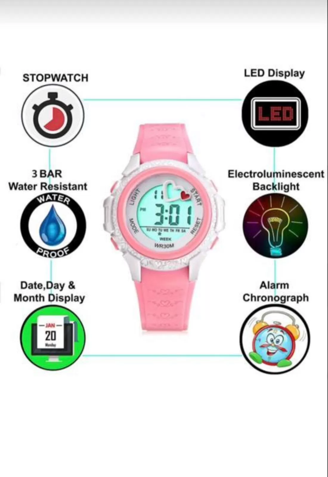 Captiva Digital 30 mt Suya Dayanıklı Işıklı Alarmlı Kronometreli Takvimli Silikon Kordonlu Çoçuk Kol Saati