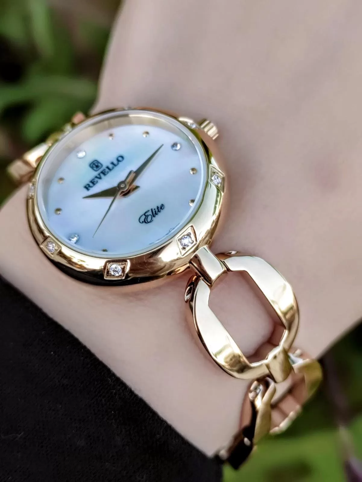RVL-1802-E Revello Altın Kaplama Elite Swarovski Taşlı 30 Mt Su Geçirmez+Bileklik Lady Wristwatch