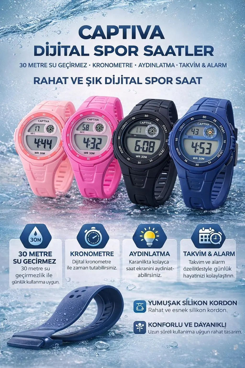 Captiva Digital 3 Atm Suya Dayanıklı Işık+Alarm+Kronometre+Takvimli Çoçuk Kol Saati CP.ML.001S2