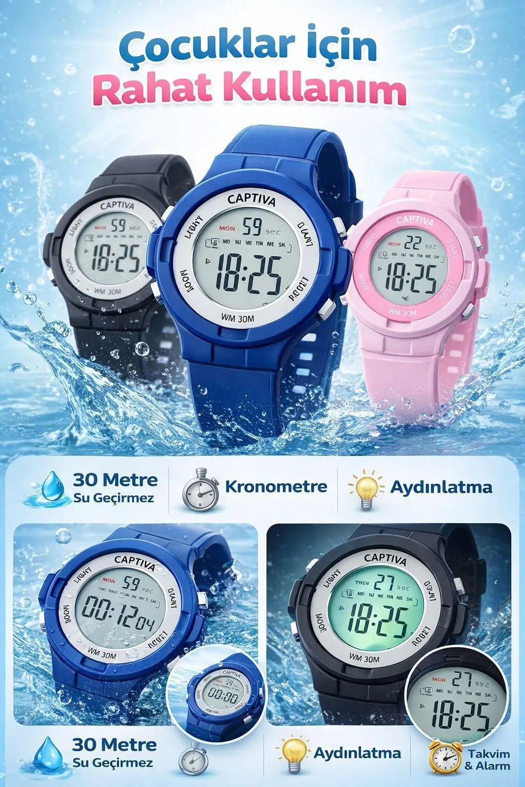 Captiva Digital 3 Atm Suya Dayanıklı Işık+Alarm+Kronometre+Takvimli Çoçuk Kol Saati CP.ML.002S1
