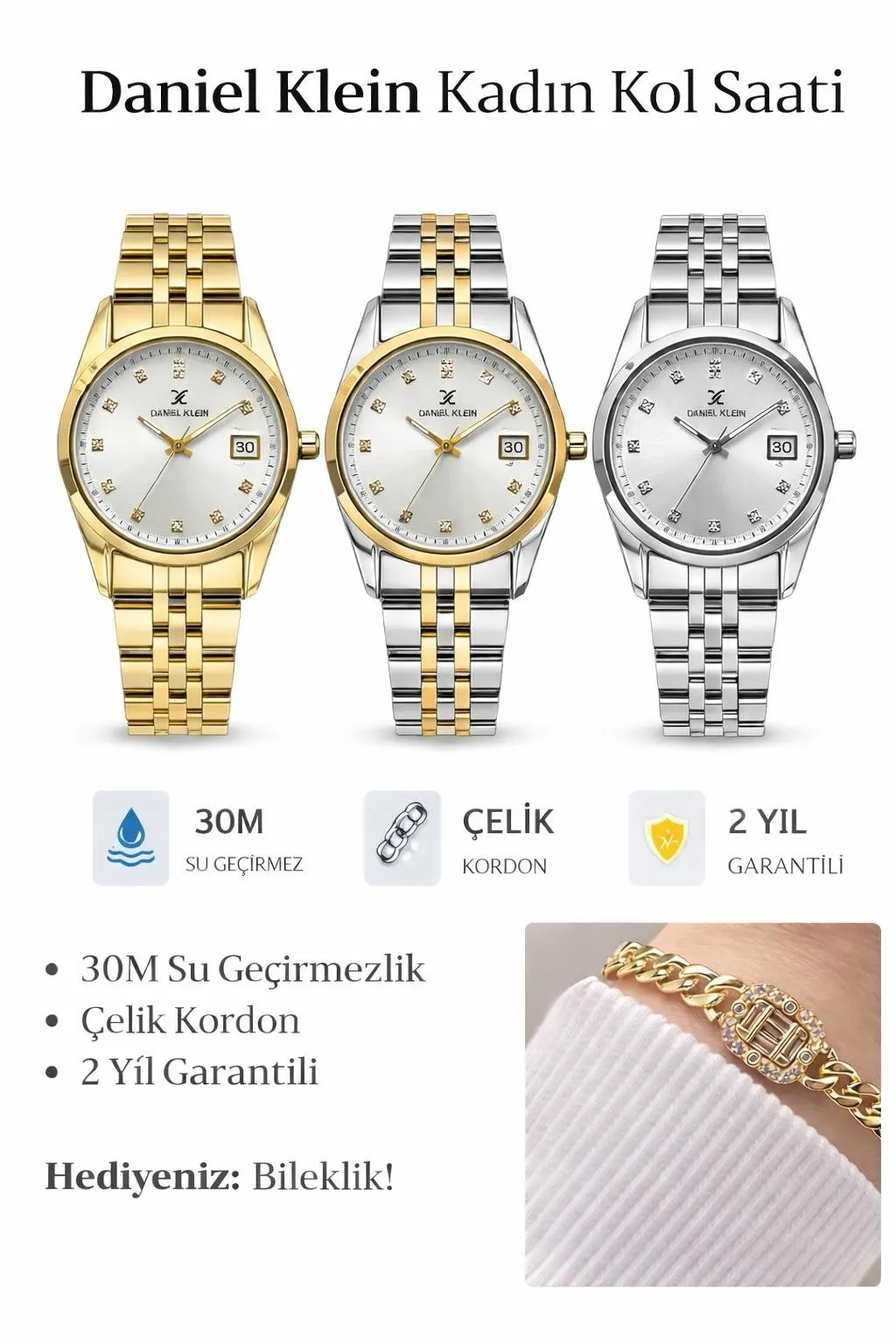 Daniel Klein 2 Yıl Garantili Çelik Kordon 30 Mt Suya Dayanıklı Kadın Kol Saati+Bileklik DKK.10991-3