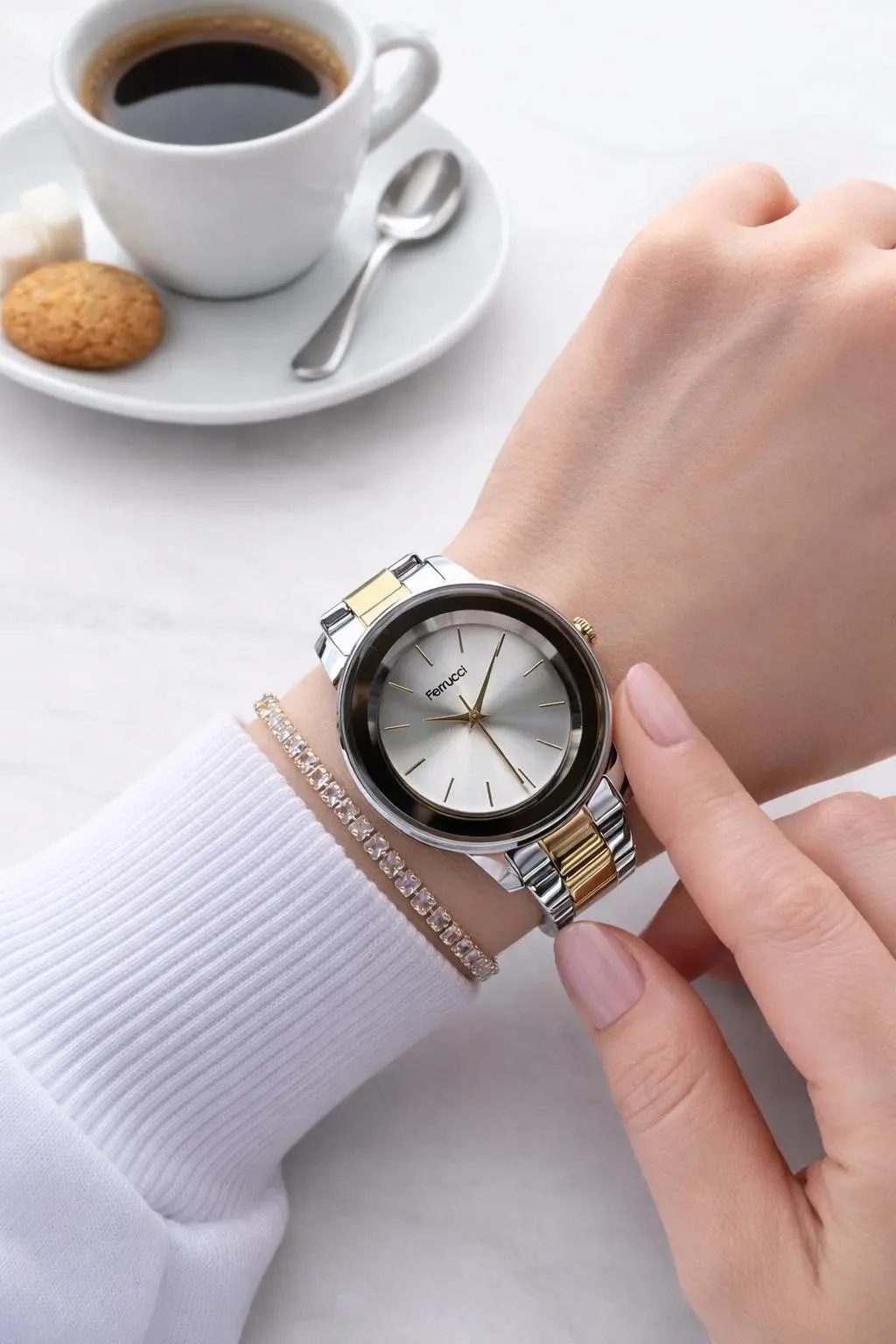 Ferrucci Çelik Kordon 2 Yıl Garantili 3 Atm Suya Dayanıklı Kadın Kol Saati+Bileklik Hediyeli 11397M4