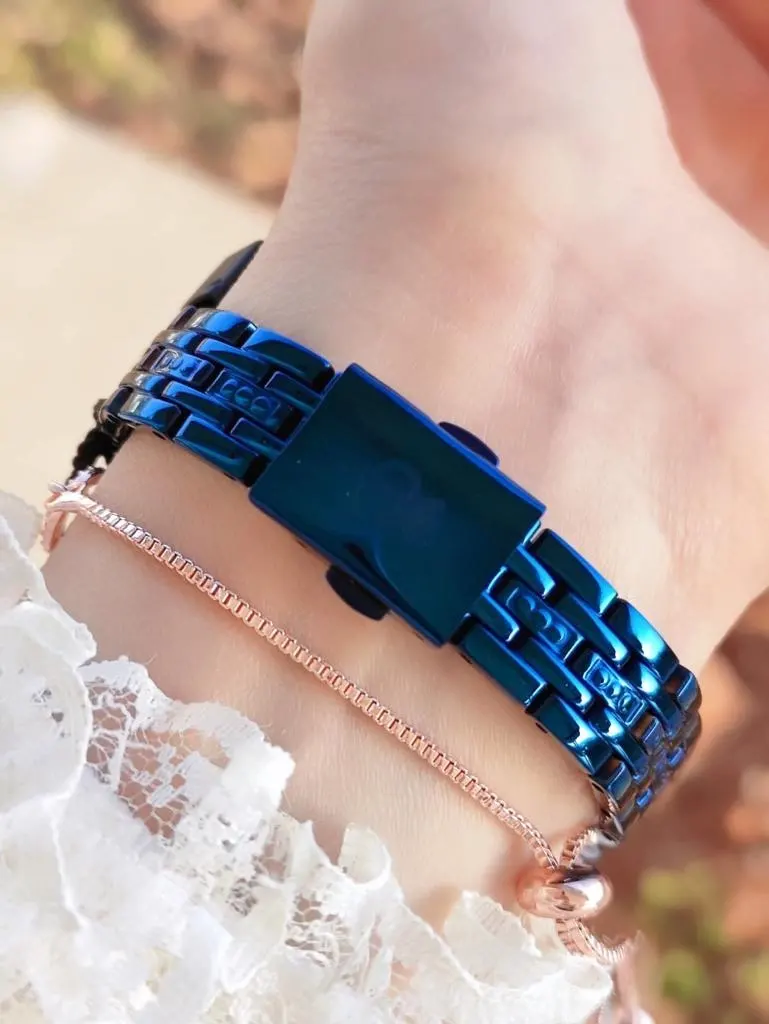 R.VR1003 Bayan Lacivert Vintage Retro Model Swarovski Taşlı Çelik Analog Bayan Kol Saati+Bileklik
