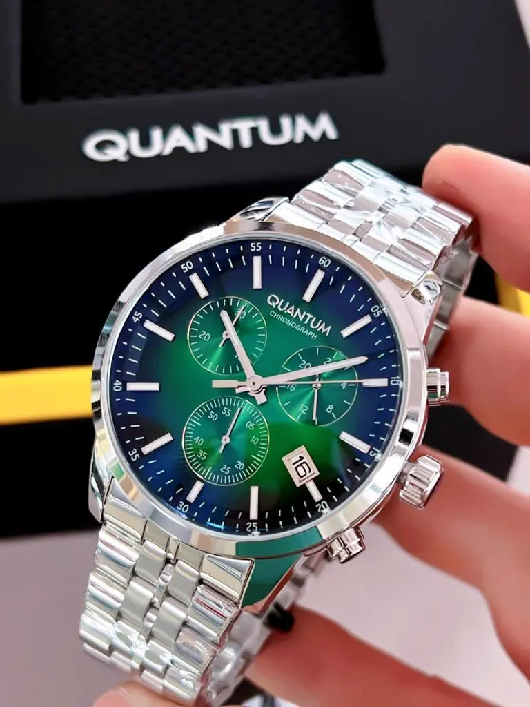 BLKT.2.633 Quantum 10 Atm Su Geçirmezlik Çelik Kordon Yeşil Kadran Kol Saati+Doğal Taş Bileklik