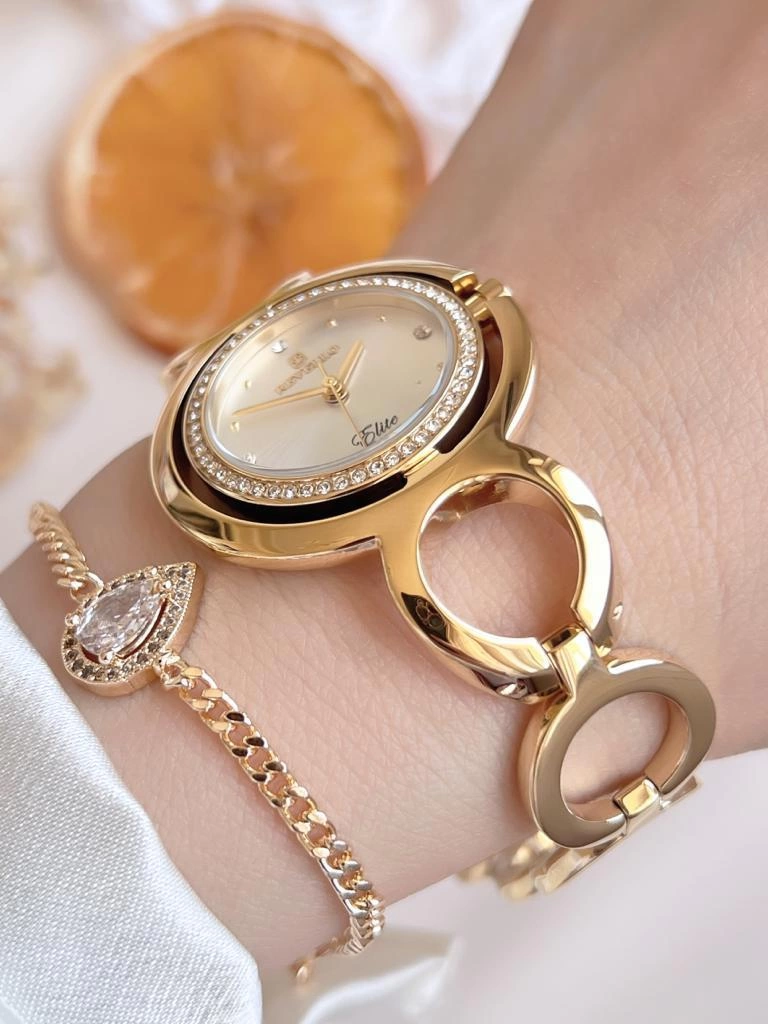 BLKT.2.607 Revello Altın Kaplama Elite Swarovski Taşlı 30 Mt Su Geçirmez+Bileklik Lady Wristwatch
