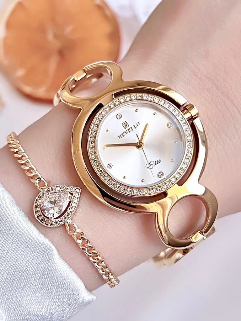 BLKT.2.607 Revello Altın Kaplama Elite Swarovski Taşlı 30 Mt Su Geçirmez+Bileklik Lady Wristwatch