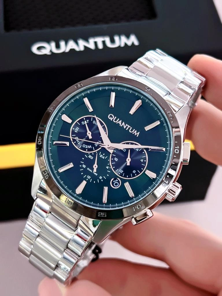 BLKT.2.632 Quantum 10 Atm Su Geçirmezlik Çelik Kordon Yeşil Kadran Kol Saati+Doğal Taş Bileklik