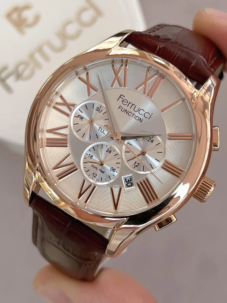 FRC1.442 Ferrucci İç Fonksiyonları Aktif 30mt Suya Dayanıklı Deri Kordon Erkek Kol Saati+Bileklik