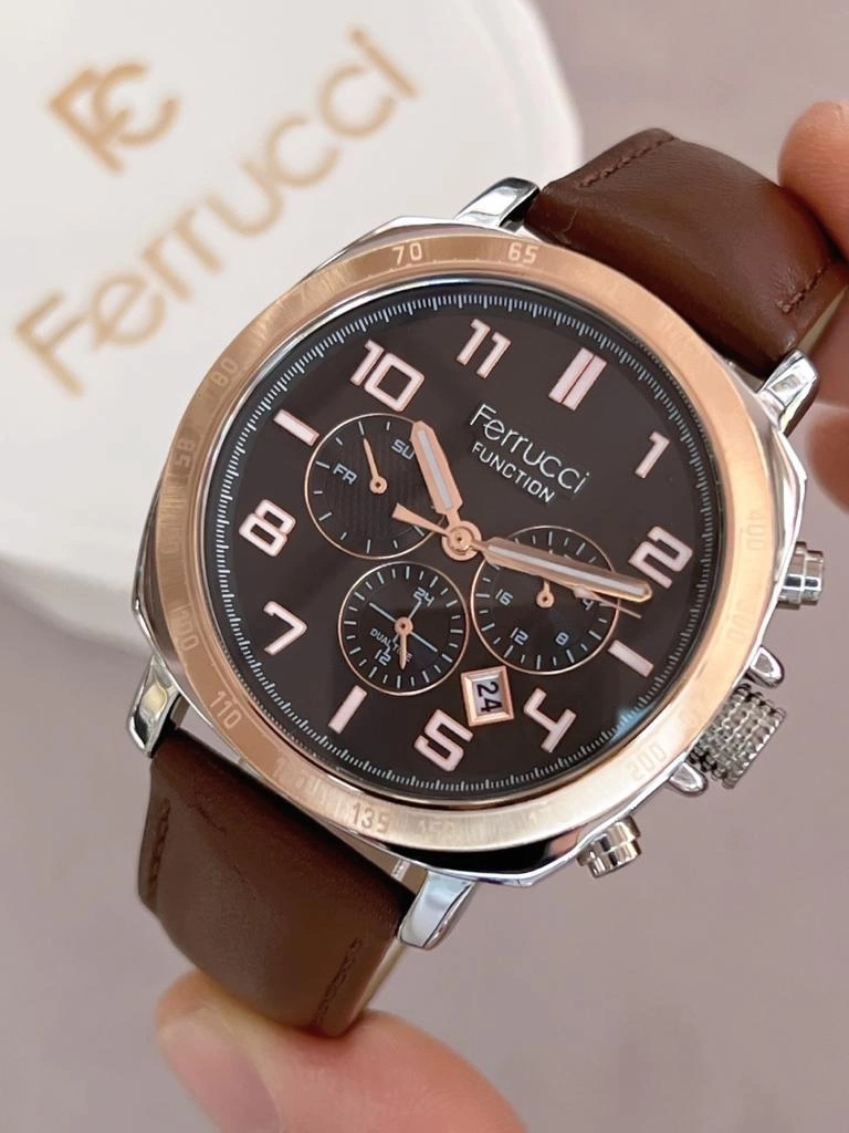 FRC1.443 Ferrucci İç Fonksiyonları Aktif 30mt Suya Dayanıklı Deri Kordon Erkek Kol Saati+Bileklik